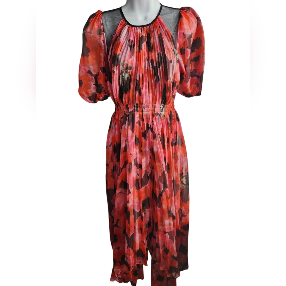 Bibhu Mohapatra Puff Shoulder Chiffon Floral Pink Black Hankerchief Size 2
